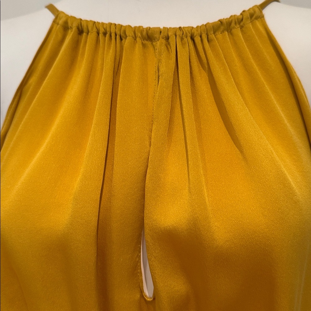 ELIZABETH AND JAMES SILK SLEEVELESS TOP WITH LEATHER BELT IN MUSTARD YELLOW SZ S